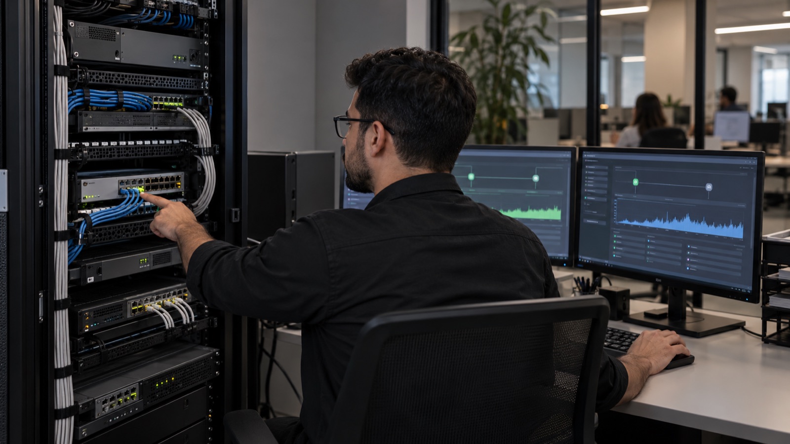 Profissional de TI monitorando links redundantes de internet e equipamentos de rede corporativa